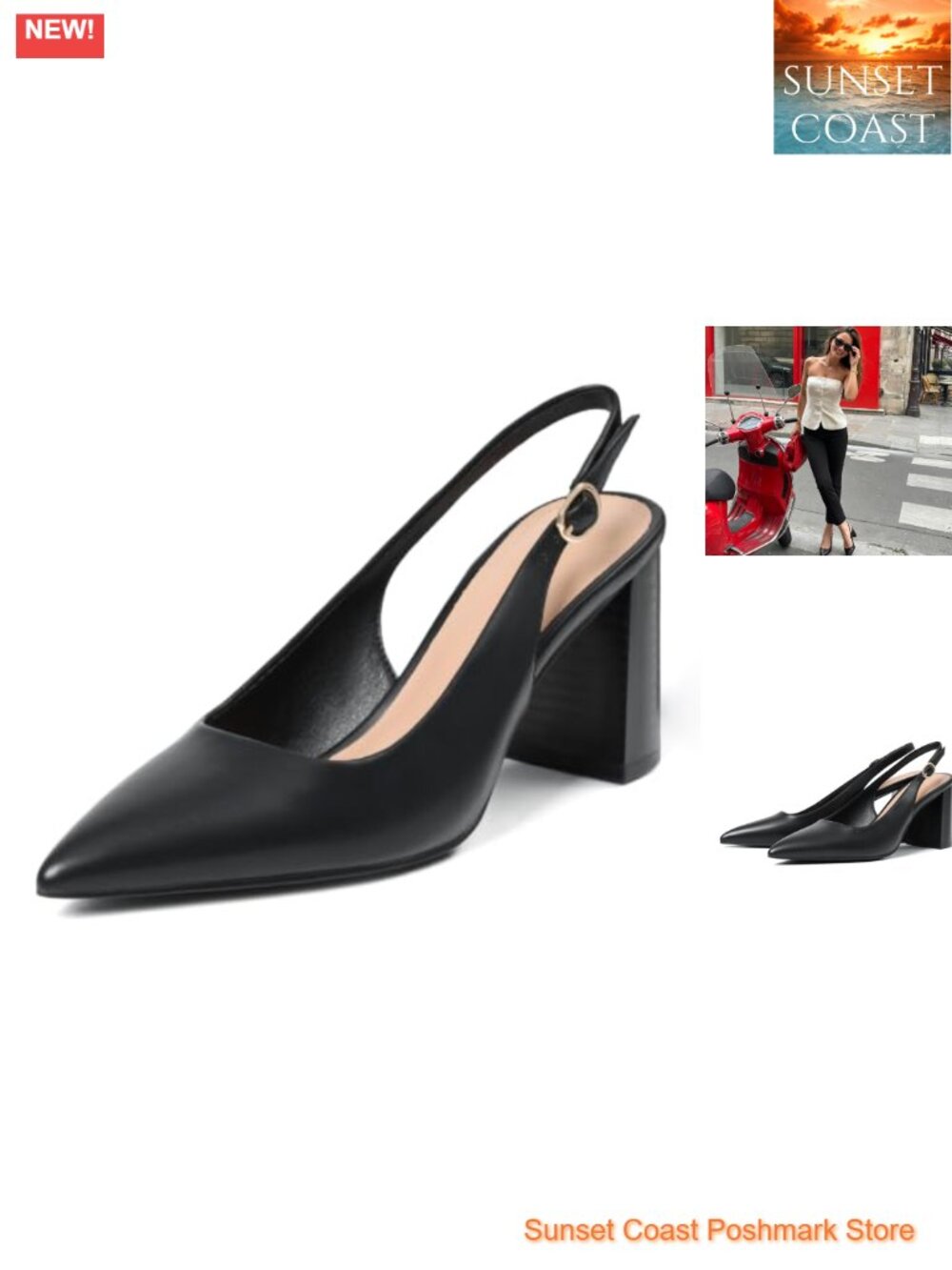 Slingback Heels Chunky Block Pointed Closed Toe Pumps